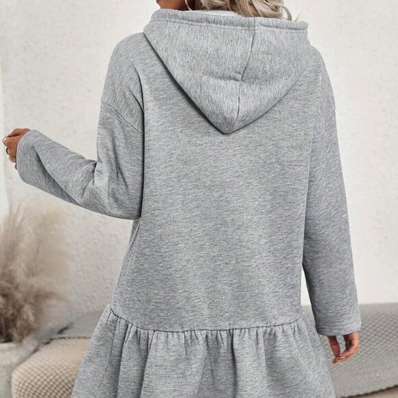 Grey Casual Women's Drop Shoulder Ruffle Hem Drawstring Hooded Dress - Picture 3 of 6